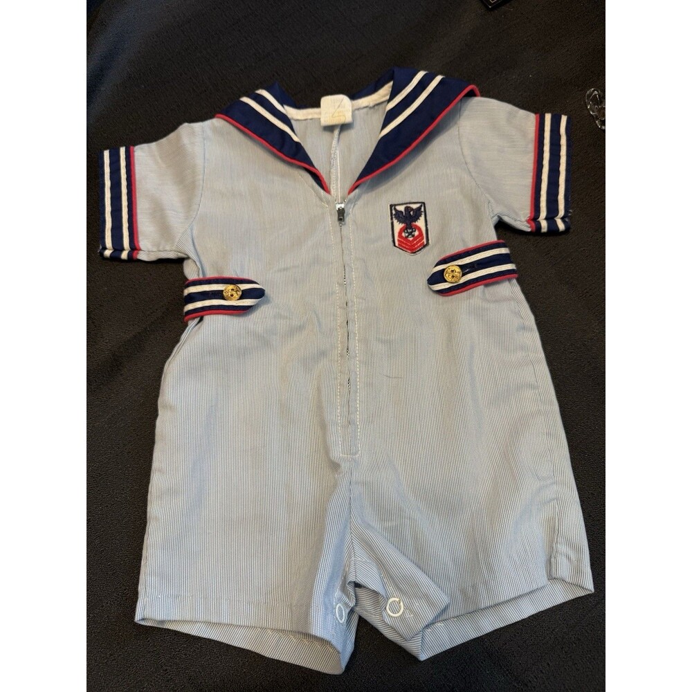 Vintage Little Bitty Sailor Romper 12M Blue Pinstripe Made USA 12 Mo